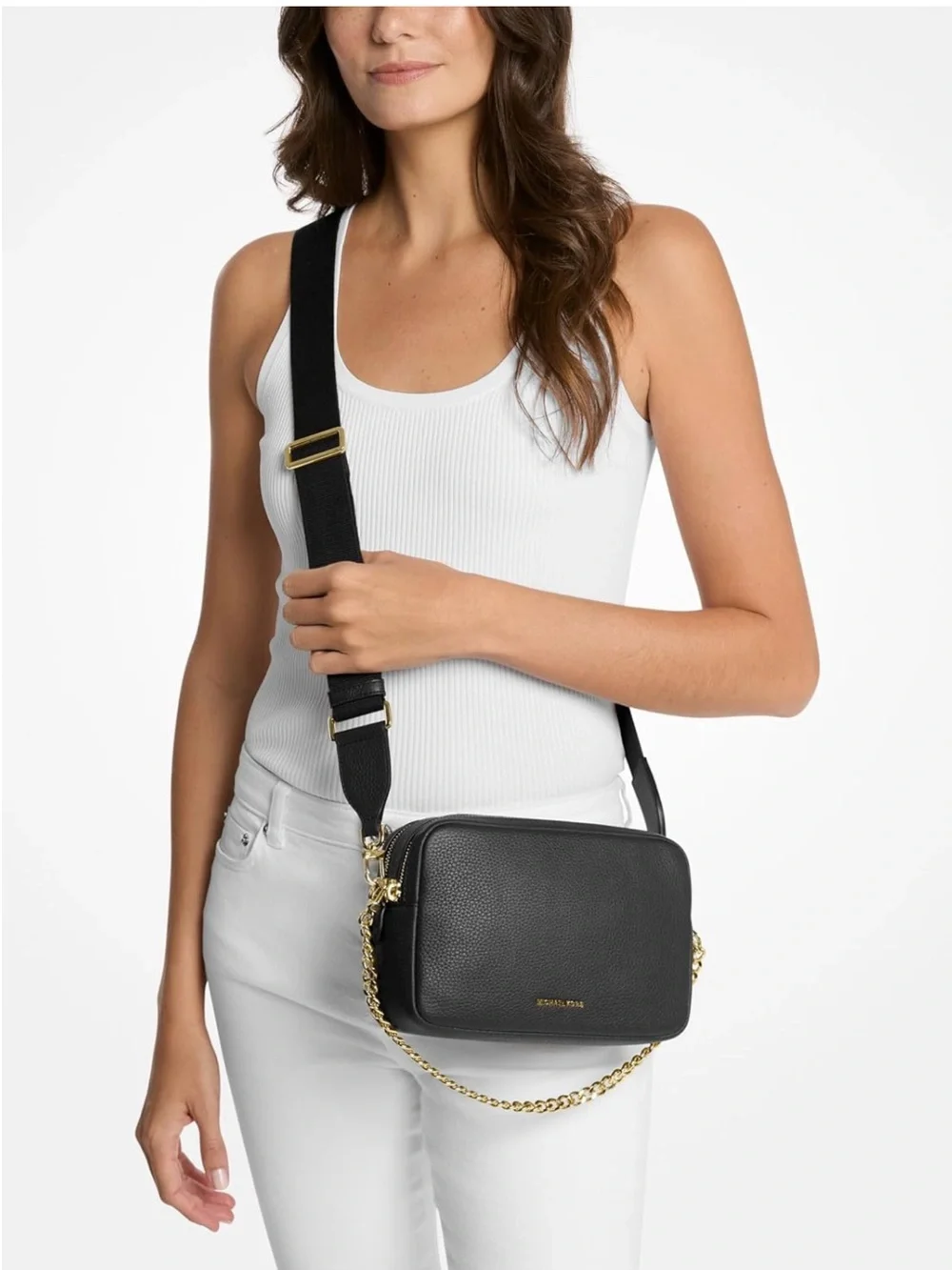 Michael Kors Black Leather Bryant Double Zip Chain Crossbody with Gold - New